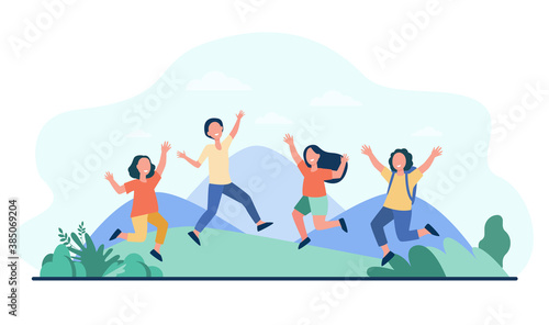 Group of cheerful kids playing outdoors. Children jumping and having fun outside, nature and mountain landscape in background. Vector illustration for childhood, party, summer vacation concept