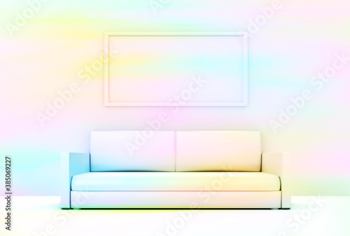 White minimalist living room with sofa and frame  color spots. 3D illustration