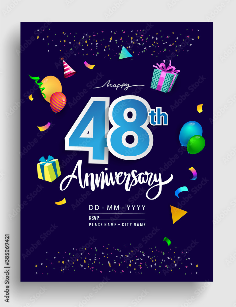 Plakat 48th Years Anniversary invitation Design, with gift box and balloons, ribbon, Colorful Vector template elements for birthday celebration party.