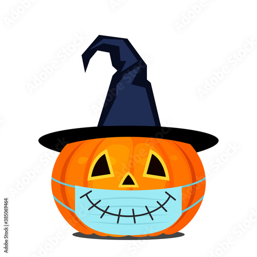 Pumpkin lantern for Halloween with witch hat and medical mask.