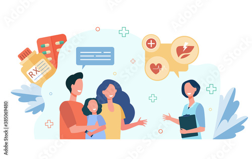 Parents and kid visiting pediatrician. Couple with child consulting family doctor or assistant in pharmacy. Vector illustration for health, healthcare, medicine concept