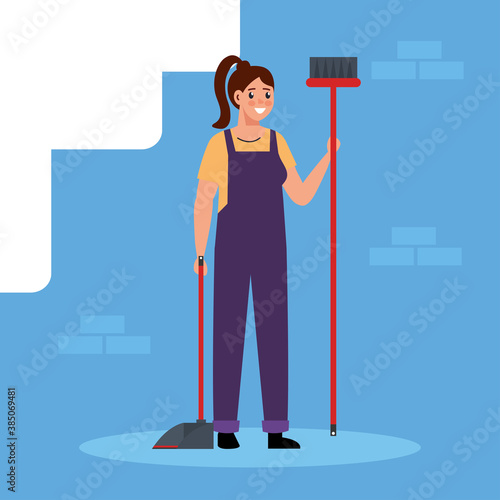 constructer woman with broom design of remodeling working and repairing theme Vector illustration