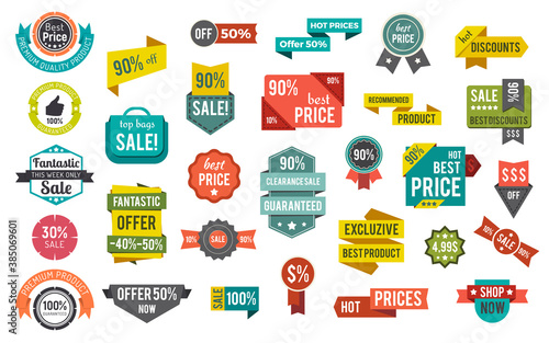 Collection of promotional banners, set of sales and discount stickers with price and percent. 50 and 70 off cost, lowering for shoppers. Cheap products and items goods in shops and stores, vector