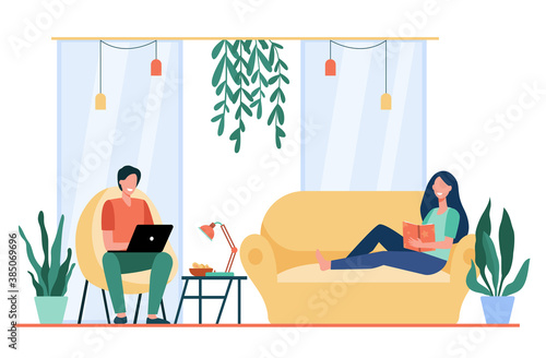 Happy couple resting on sofa and in armchair in living room, reading book, watching movie on laptop. Flat vector illustration for leisure time at home, cozy house concept