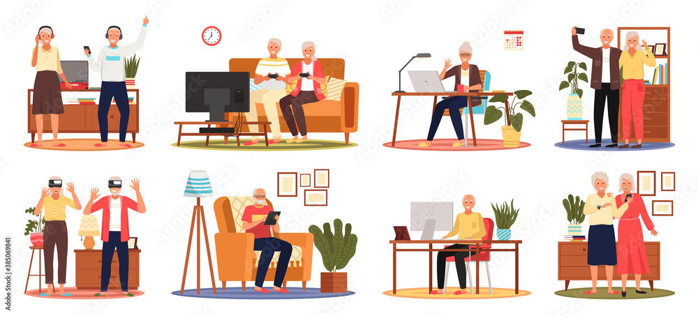 Premium Vector  Using gadgets by the elderly and people with