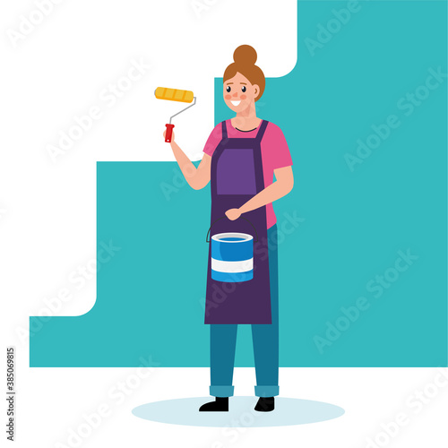 painter woman with roll and bucket design of remodeling construction working and repairing theme Vector illustration