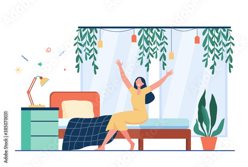 Happy woman waking up in morning. Person sitting on bed and stretching arms. Flat vector illustration for comfortable bedroom, deep sleep, wellness concept