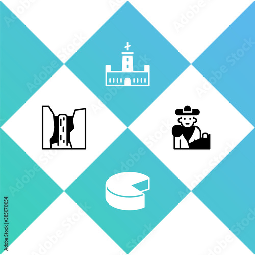 Set Algar waterfall, Cheese, Montjuic castle and Bullfight, matador icon. Vector.