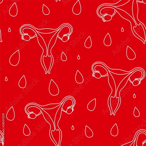 Women menstruation periods seamless pattern uterus, blood drips