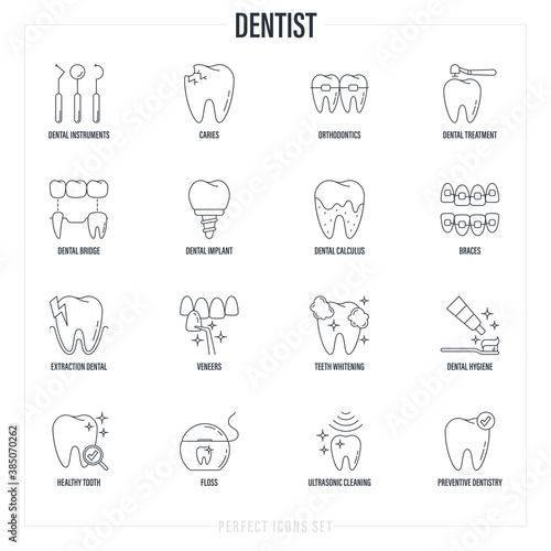 Dentist cabinet: dental instruments, toothbrush and toothpaste, caries, veneers, tooth whitening, implant, calculus, ultrasonic cleaning, orthodontics. Thin line icons set, vector illustration.