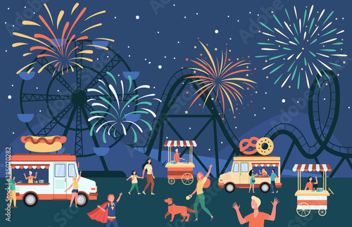 Crowd of people walking in night market, buying street food in stalls. Fireworks and amusement park in background. Flat vector illustration for food fair, city festive event, eating outside concept