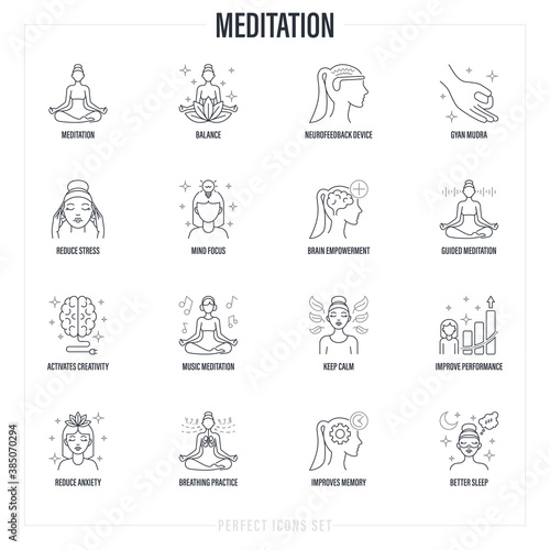 Meditation set: girl in lotus pose, neurofeedback device, gyan mudra, balance, reduce stress, guided meditation, breathing practice, mind focus, better sleep. Thin line icons. Vector illustration.