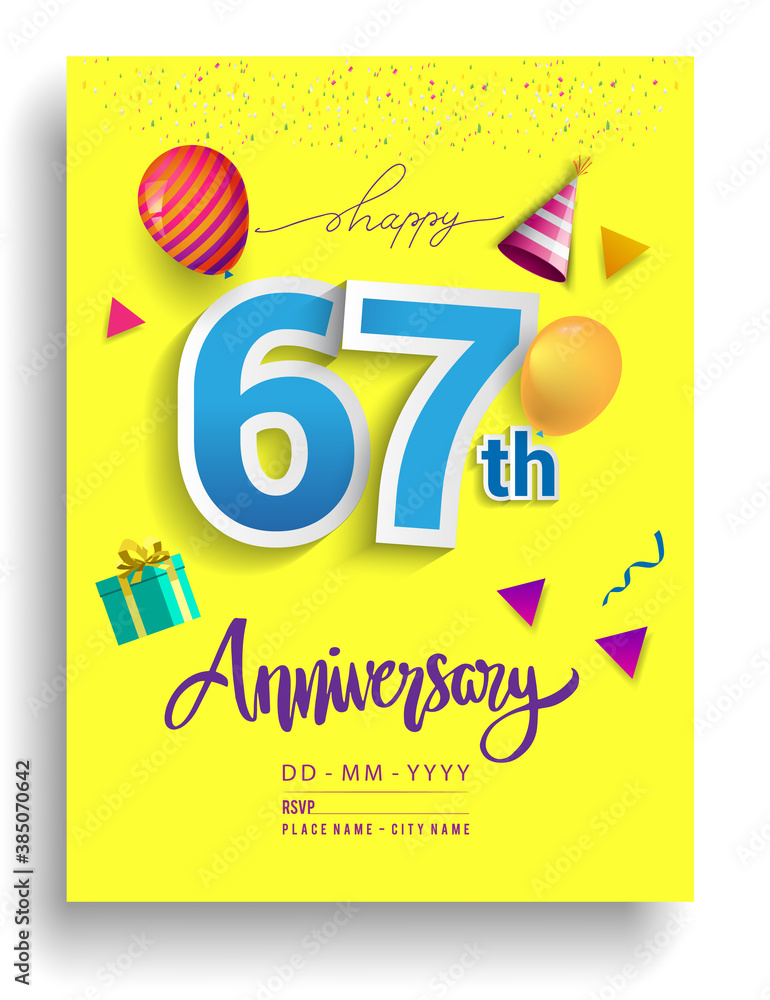 67th Years Anniversary invitation Design, with gift box and balloons, ribbon, Colorful Vector template elements for birthday celebration party.