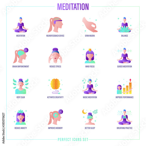 Meditation set: lotus pose, neurofeedback device, gyan mudra, balance, reduce stress, guided meditation, breathing practice, concentration, better sleep. Gradient flat icon. Vector illustration
