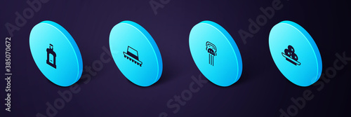 Set Isometric Olives on plate, Peineta, Spanish hat and Orujo icon. Vector.
