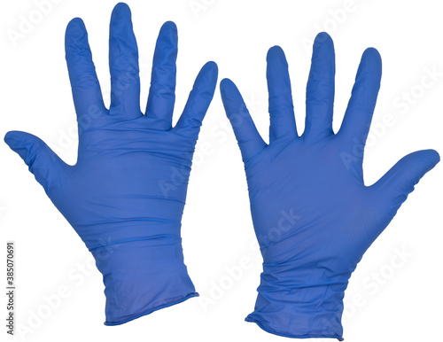 Isolated open hand wearing blue nitrile examination glove, fingers splayed and relaxed, thumb turned out. Front and back view