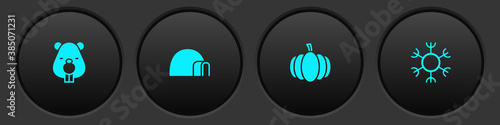 Set Beaver animal, Igloo ice house, Pumpkin and Snowflake icon. Vector.