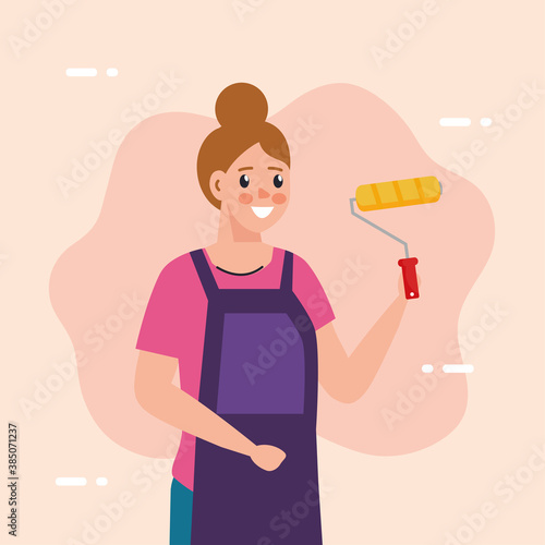 painter woman with roll design of remodeling construction working and repairing theme Vector illustration