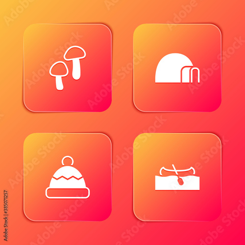Set Mushroom, Igloo ice house, Beanie hat and Kayak or canoe icon. Vector.