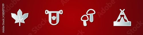 Set Canadian maple leaf, Pennant Canada, Mushroom and Indian teepee or wigwam icon. Vector.