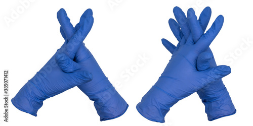 Ταπετσαρία Hands wearing blue nitrile examination gloves steepled or interlaced fingers, va