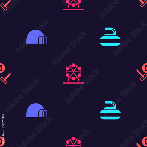 Set Stone for curling, Igloo ice house, Ferris wheel and Curling sport game on seamless pattern. Vector.