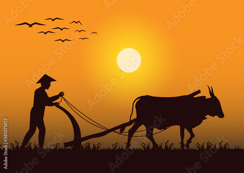 stock vector silhouette farmer plowing cow in the field graphic illustration