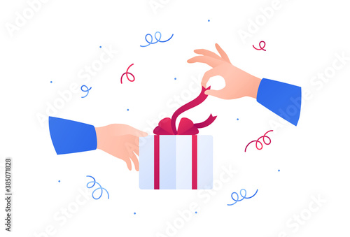 Gift box unboxing concept. Vector flat illustration. Human hand untie ribbon on holiday present giftbox. Confetti sign. Design element for card, sale banner, bonus program web card.