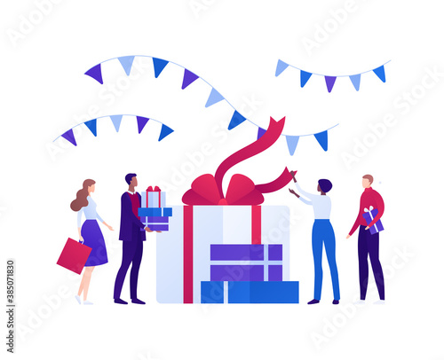 Diversity holiday celebration concept. Friends, family or corporate team people group. Vector flat person illustration. Mixed company of men and women with stack of gift box. Design for event, banner.