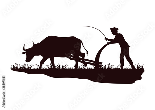 stock vector silhouette farmer plowing cow in the field