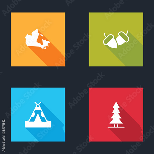 Set Canada map, Acorn, Indian teepee wigwam and Canadian spruce icon. Vector.