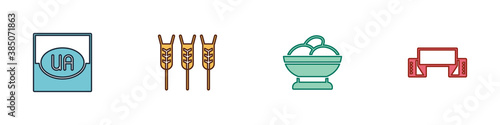 Set Flag of Ukraine, Wheat, Varenyky bowl and Embroidered towel icon. Vector.