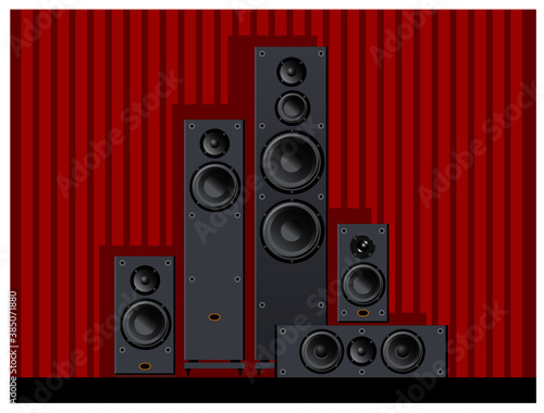 A set of speaker systems for home cinema. Central acoustics. Front speakers. Monitors. Vector image for illustrations.