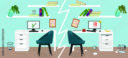an organized workplace at home and a cluttered workplace. Deadlane and procrastination