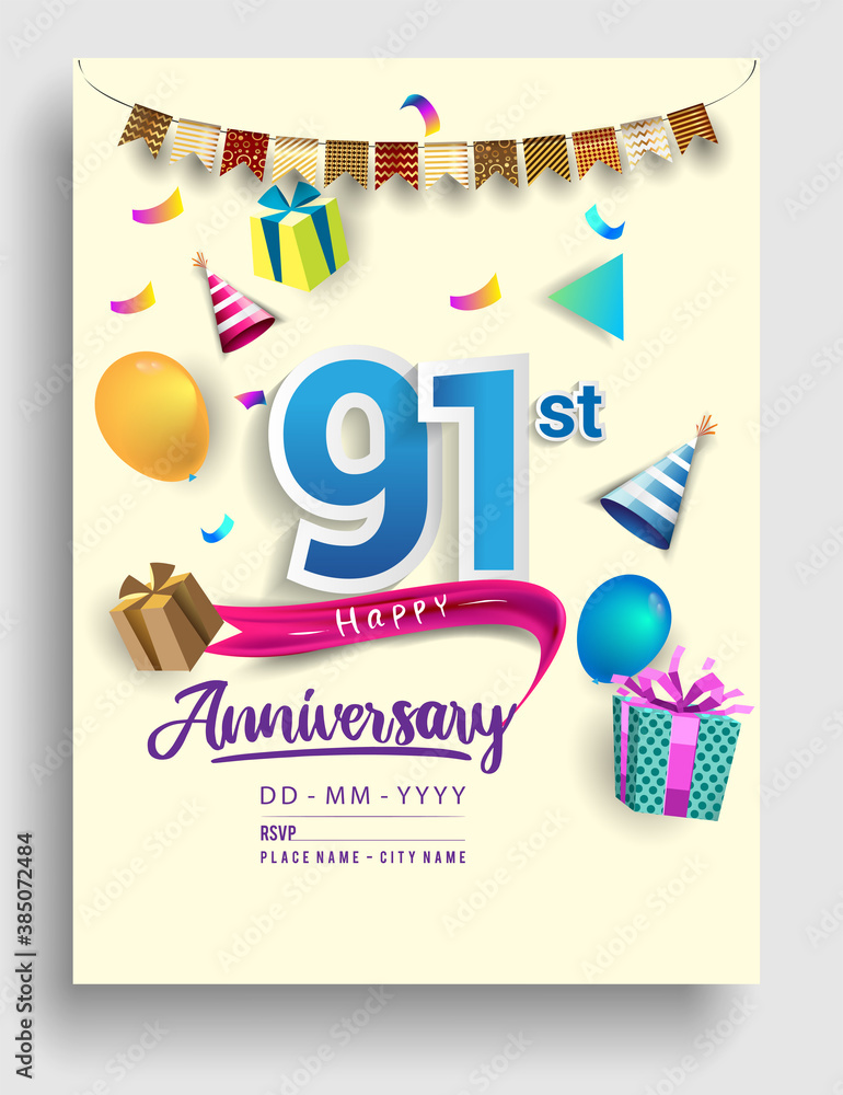 Fototapeta premium 91st Years Anniversary invitation Design, with gift box and balloons, ribbon, Colorful Vector template elements for birthday celebration party.