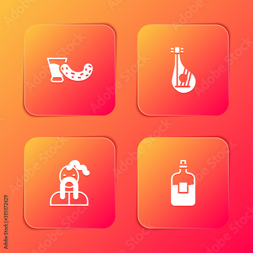 Set Glass with vodka, Bandura, Ukrainian cossack and Bottle of icon. Vector.