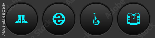 Set Ukrainian footwear, hryvnia, Bandura and Embroidered shirt icon. Vector.