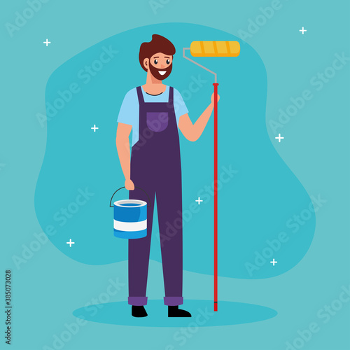 painter man with roll and bucket design of remodeling construction working and repairing theme Vector illustration