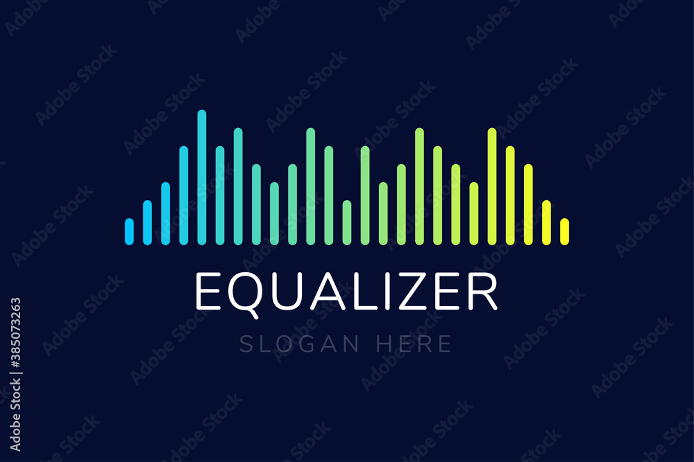 Equalizer sound audio wave light multicolor logo on dark blue background vector illustration.