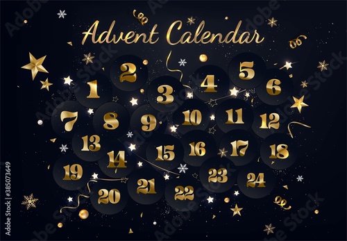 Christmas advent calendar.Black background with numbers of the day of december, confetti, decorations. New Year 2021.Vector