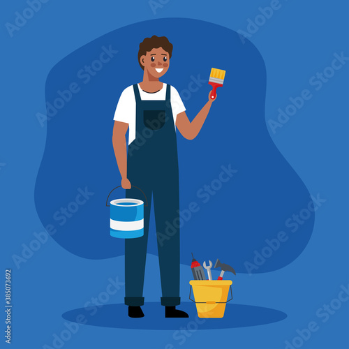 painter man with brush and tools bucket design of remodeling construction working and repairing theme Vector illustration