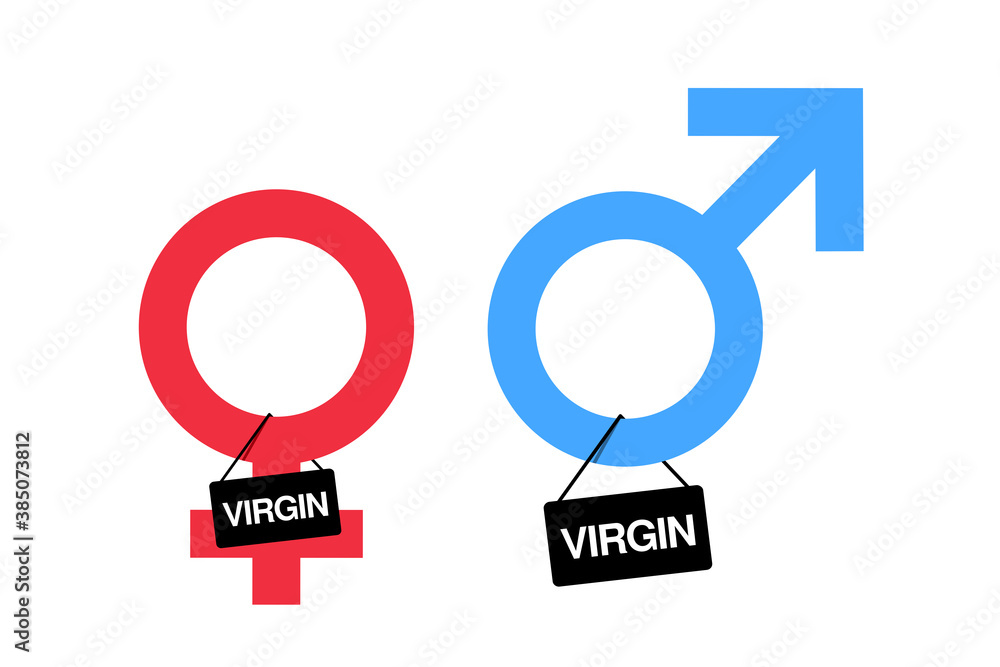 Virginity and being virgin - female and male sex and gender symbol is labelled and marked by sign. Vector illustration isolated on white. Virginity and being virgin - female and male sex and gender symbol is labelled and marked by sign. Vector illustration isolated on white.