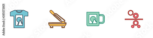 Set T-shirt, Paper cutter, Coffee cup and roll printing press icon. Vector.