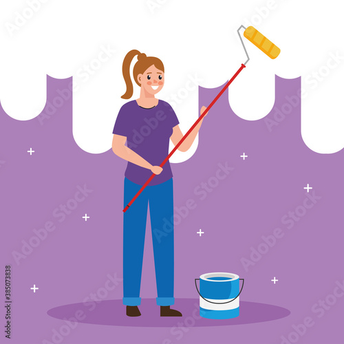 painter woman with roll and bucket design of remodeling construction working and repairing theme Vector illustration