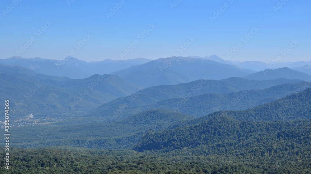 Panoramic view of the Caucasus mountains in Dakhovskaya village