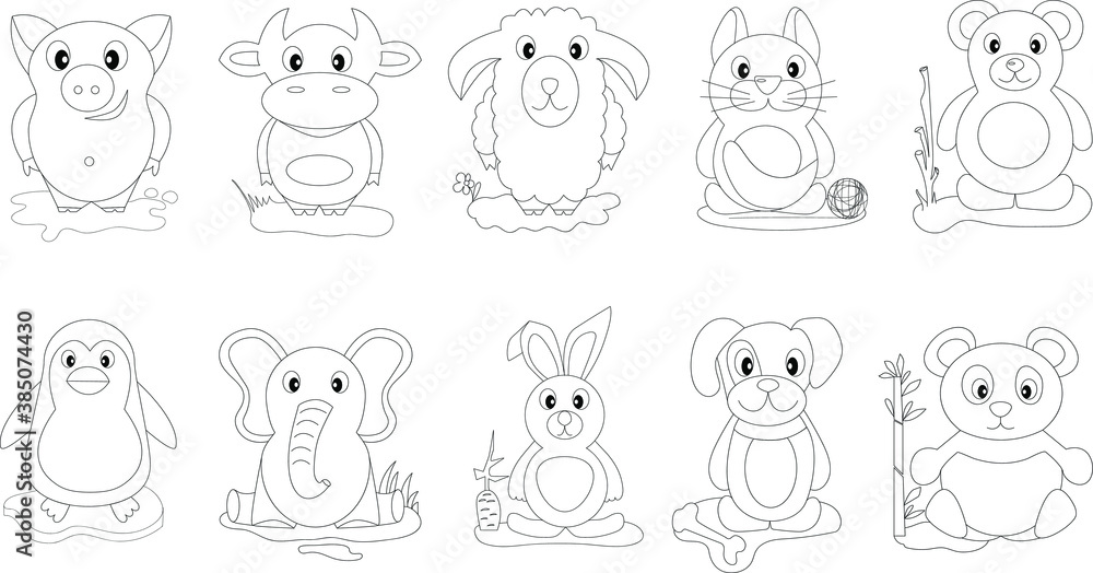 set of vector illustrations of cartoon animals. Coloring book for children. Cute characters for cards, invitations, labels for children's holidays. 