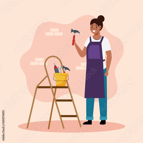 constructer woman with hammer and tools bucket design of remodeling working and repairing theme Vector illustration