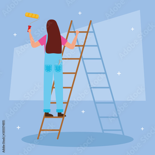 painter woman with roll and bucket on ladder design of remodeling construction working and repairing theme Vector illustration