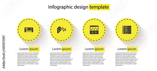 Set Music synthesizer, Ear listen sound signal, Oscilloscope and playlist. Business infographic template. Vector.