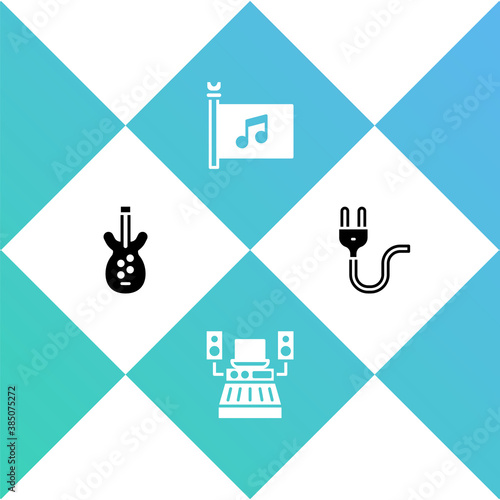Set Electric bass guitar, Music recording studio, festival flag and plug icon. Vector.
